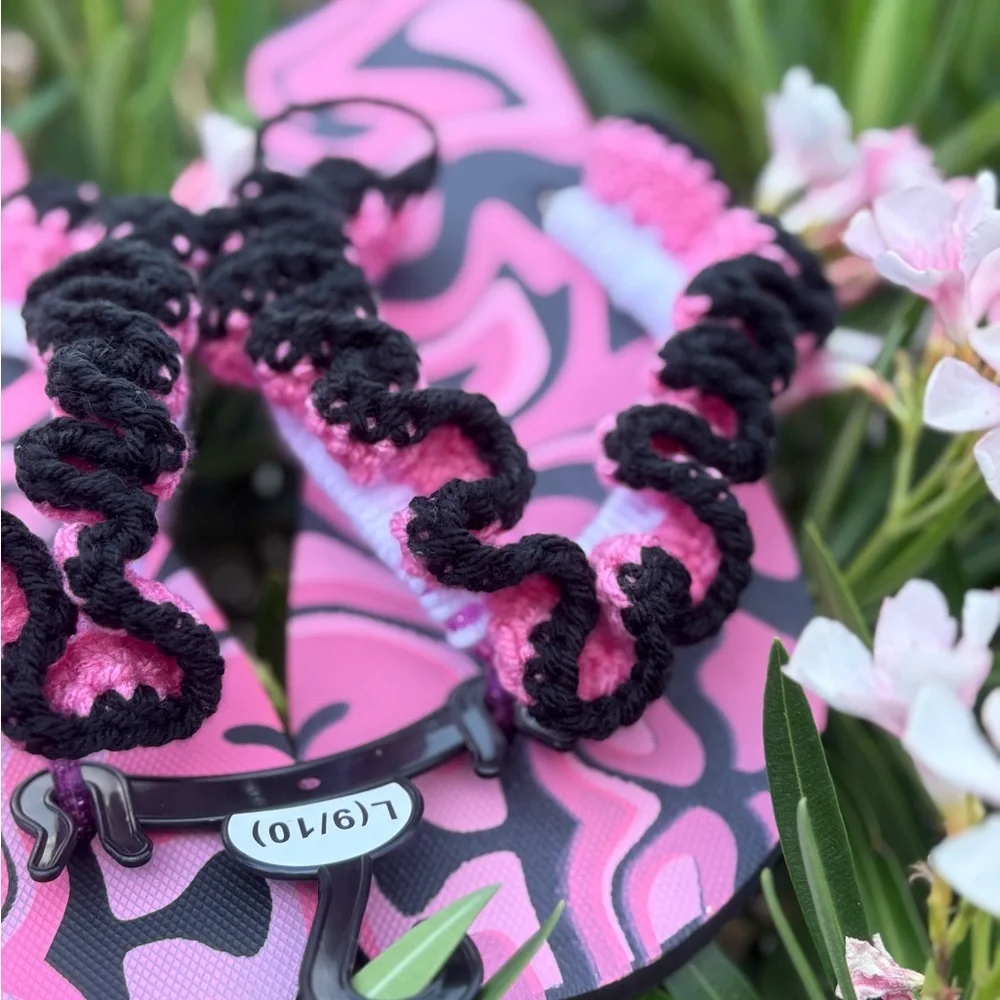 Vibrant Pink and Black Crochet Wavy Brim Hat | Flip Flops with Ruffles - Picture 5 of 12